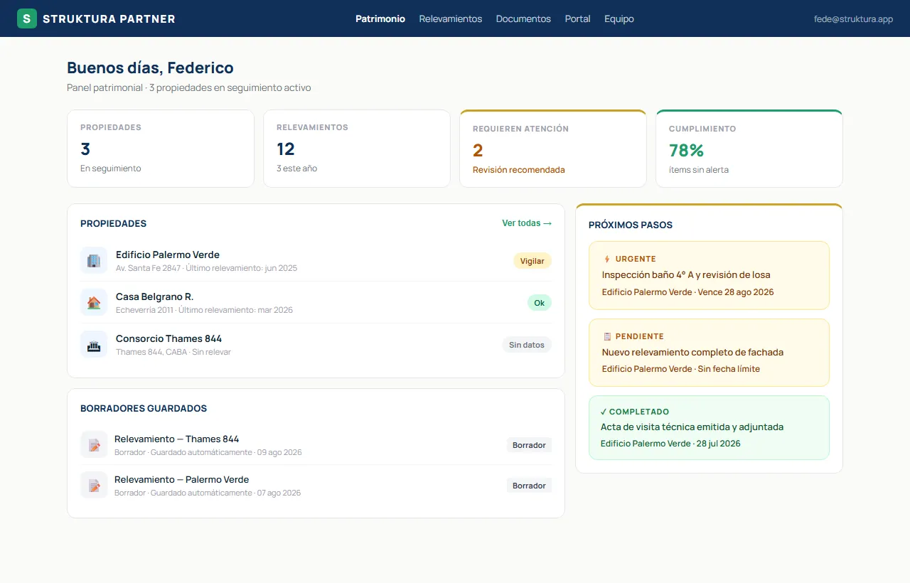 Dashboard de Struktura con propiedades y próximos pasos